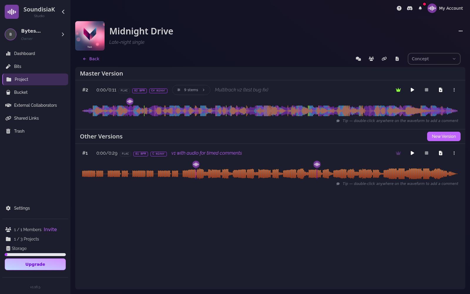SoundisiaK Studio — a track with version history, multitrack stems and timestamped comments